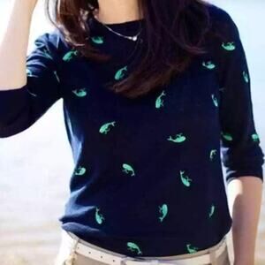 J Crew Womens Tippi Linen Embroidered Whale Crew Neck Sweater Size S Prep Bluepy
